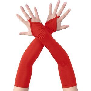 Women's Finger Loop Red Elegant Stretchy Spandex Elbow Length Satin Gloves